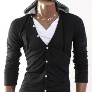 DOUBLJU Mens Casual V neck Hoodies T shirt BLACK (D068  