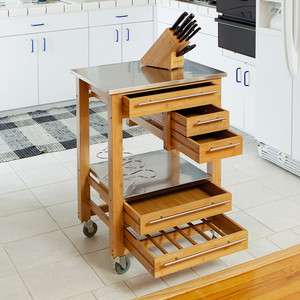 Wooden Kitchen Island / Cart With Cabinets & Stainless Steel Top 