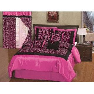 Queen Size 8pcs Hot Pink Black Satin Zebra Flocking Comforter Set with 