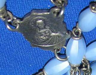BEAUTIFUL PALE BLUE PEARLIZED BEAD ROSARY WITH INSET MEDALS ON BEADS 