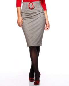 BEBE SEXY RETRO BROWN RED PLAID METALLIC BELTED HIGH WAISTED SKIRT W 