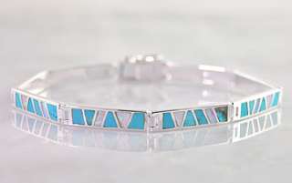 Sterling Silver Turquoise & Opal Inlay Link Bracelet  