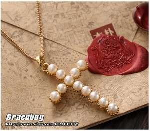   Fashion Elegant Golden Color Cross Pearls Inserted Long Necklace/Gift