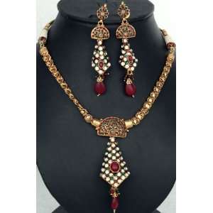 Meenakari Necklace Set with Cut Glass   Copper Alloy with Cut Glass