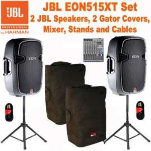  JBL Powered 15 EON 515XT Speakers, Covers, Mixer, Stands 