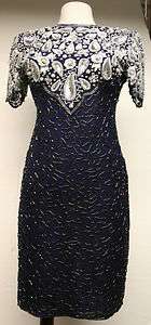 Vintage Women Laurence Kazar Blue Beaded Sequin Cocktail Dress Size 