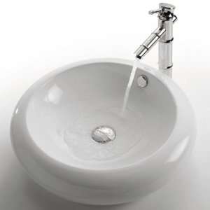   White Round Ceramic Sink KCV 105 and Bamboo Faucet