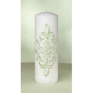  White Palm Wax Pillar Scroll Candle   Sage Green
