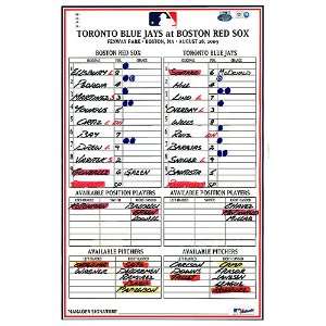  Blue Jays at Red Sox 8 28 2009 Game Used Lineup Card (MLB 