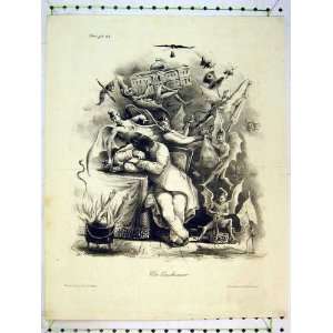  C1875 Antique Drawing Fantasy Character Fire Flying