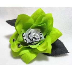  NEW Green Rose with Black and White Hair Flower Clip 