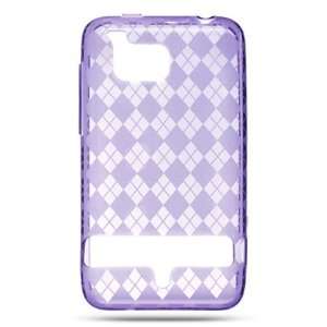  Rubberized phone case with a purple checkered design that fits onto 