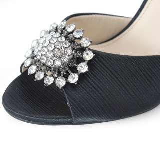 SHOEZY womens black satin rhinestones buckle peep toe dress high heels 