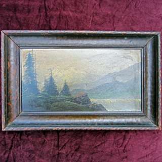 ANTIQUE Framed Painting Original Oil on Board Mountains Trees 