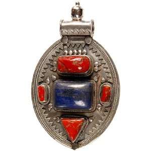  Coral and Lapis Lazuli Pendant   Sterling Silver 