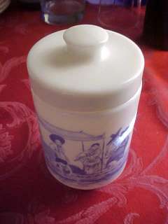Vintage Belgium Milk Glass Oriental Blue Lidded Jar  