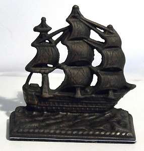 Small Vintage Cast Iron Ship Book End. Constitution. Measures 5+ tall 