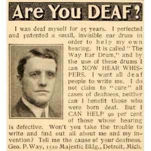 1906 Vintage Ad Way Ear Drum Hearing Aid Deafness Deaf George P. Way 