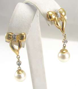 14K Yellow Gold Bowtie Earrings Diamond Cultured Pearl Dangle Studs 1 