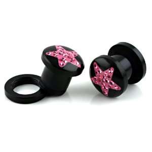  7/16 (11mm) Acrylic Ear Plugs   Black with Pink Star 
