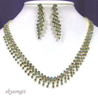 Blue Crystal Bridal Gold Necklace Earrings Set NS1042N  