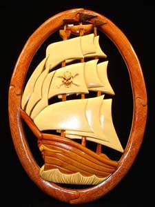 NEW Hand Carved Wood Art Intarsia PIRATE SHIP Sign Wall Plaque 