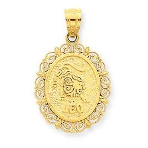  14k Gold Solid Satin Polished Leo Zodiac Oval Pendant 