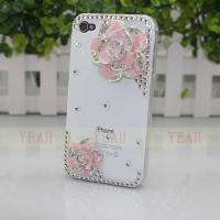 Luxury girly pink camellia diamond battery white case cover FOR IPHONE 