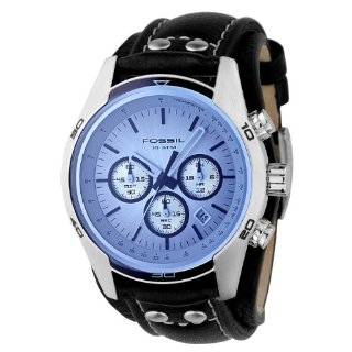 Fossil Mens CH2564 Black Leather Strap Blue Glass Silver Analog Dial 