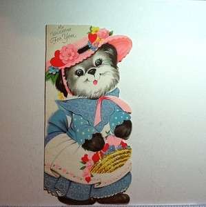   Vintage Gibson Glitter Valentine Card Dog in a Dress and Bonnet  