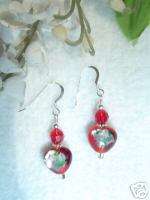 Red Rubie Foil Heart Deco Glass Earrings designs in Sterling Silver 