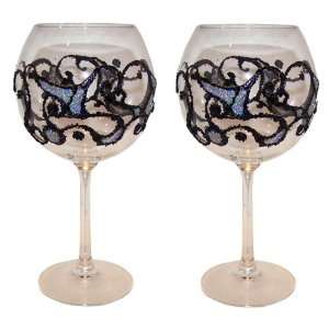   Silver Swirls Hand Painted Wine Glasses. Set of 4. Signed by Artisan