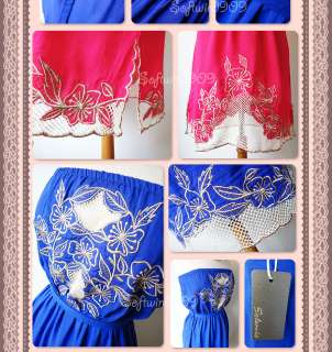   OR Royal Blue Embroidery Net Lace Inset Strapless Tube Summer Dress
