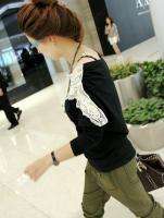 Japan Korea Womens Off Shoulder Lace Neckline Long Sleeve T Shirts Top 