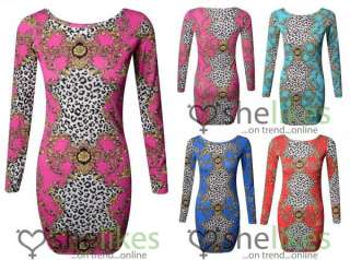 New Womens Long Sleeve Mix Print Tunic Dress Ladies Printed Bodycon 