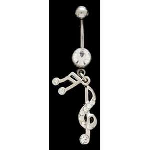  Music Notes Pave CZ Stone Dangle Belly Ring 316l Surgical Steel 