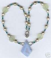 Blue Lace Agate Pendant, Jade & Sterling Beads Necklace  