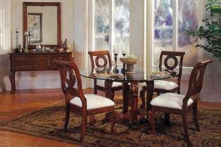   Cherry Brown Round Glass Dining Pedestal Table Chairs 5 Pc Set  