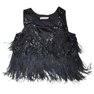black SEQUIN OSTRICH FEATHER FRINGE vest waistcoat M L  