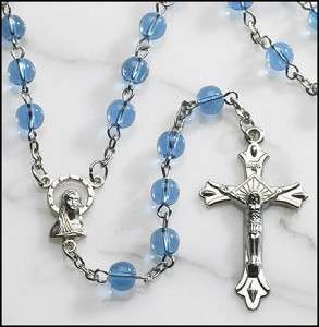 Catholic Rosary Bead Necklace ~ Blue Glass Round Beads  