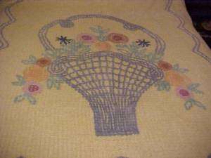 Vint. Yellow Chenille Bedspread w/Lg. Basket of Flowers  