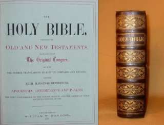 1876 HOLY BIBLE Full Tooled Leather ENGRAVs Clasp Folio  