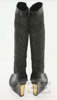   Black Vegan Leather & Velvet Patterned Tall Wedge Boots Sz 37.5  