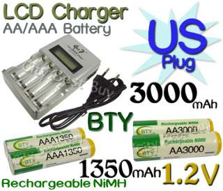   AAA 1350mAh 3000mAh NiMH 1.2V Rechargeable Battery US LCD Charger BTY