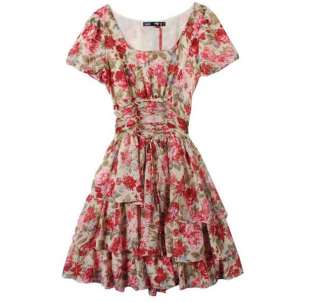 CHIC SHORT SLEEVE FLORAL TIERED DRESS RED SIZE S 1274  