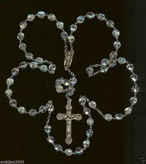   Silver Double Capped Aurora B.8MM 23 Lg. Crystal Rosary 68 Gr  
