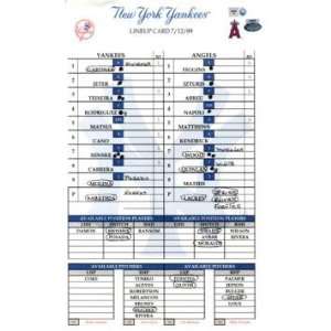  Yankees at Angels 7 12 2009 Game Used Lineup Card (MLB 