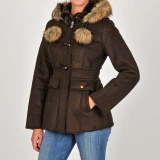 Esprit Womens Junior Faux Suede Faux Fur trimmed Hooded Toggle Jacket 