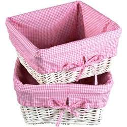 White Wicker Basket Set with Pink Liners  