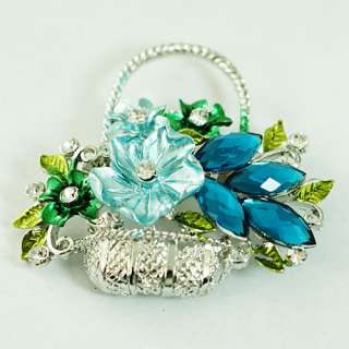 d9044 Lady Blue Flower Basket Silver Plated Leaf Gemstone Brooch Pins 